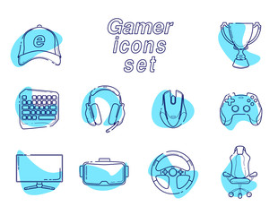 eSports set, Gaming gadgets, line set icon. Modern devices for video games, headset for virtual reality, equipment for gamers, joysticks, keypad, on isolated background.