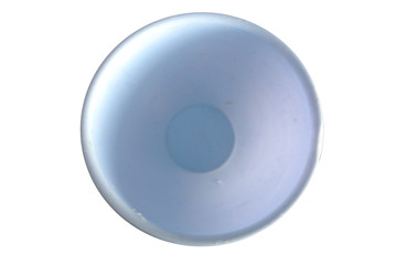 empty blue plastic bowl on white