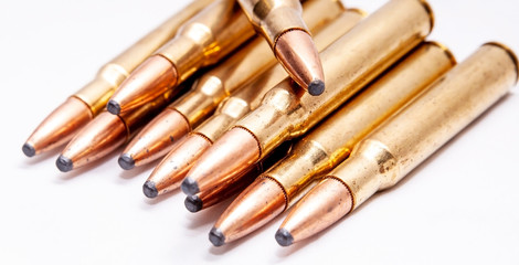 A close up of brass rifle bullets used for hunting on a white background