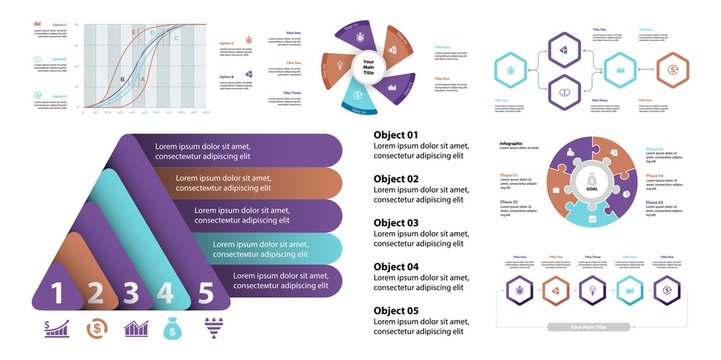 Business infographic design set can be used for workflow layout, presentation, annual report, web design. Marketing concept. Line chart, bar graph, comparison diagram, donut chart, process chart