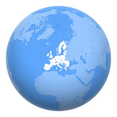 European Union (EU) on the globe. Earth centered at the location of the European Union. Map of European Union. Includes layer with capital cities.