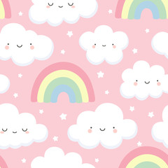 Fototapeta na wymiar cloud pattern, cute face cloud background, rainbow and stars seamless pattern, cartoon vector illustration, sky background for baby