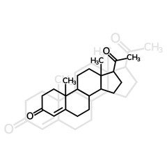 Progesterone chemical formula on white background