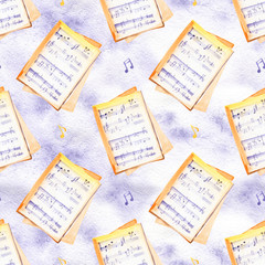 A seamless pattern with hand drawn music instruments on a watercolor background texture.
