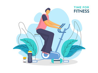 Illustration of man doing exercise on cycling machine abstract background. Time for Fitness concept poster or banner design.