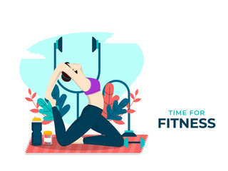 Fit woman doing yoga and exercise on abstract background for Healthy lifestyle concept. Poster or banner design for "Time for Fitness".