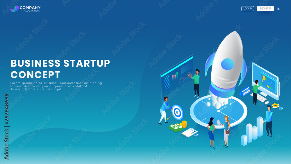 Poster start up business website or landing page design with illustration of business people working on com