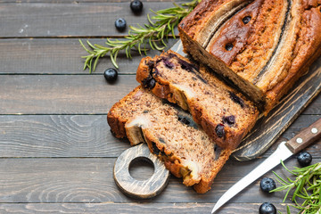 Homemade Banana Blueberry cake with rosemary