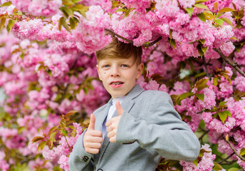 Guy enjoying cherry blossom sakura. Confident stylish child enjoy warm spring day. Boy fashionable teen posing near sakura. Sakura garden concept. Child pink flowers of sakura tree background