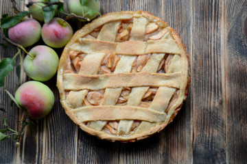 Homemade delicious Apple pie on wooden background Autumn baking 