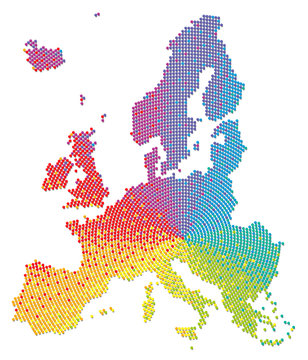 Europe map. Rainbow colored pattern with colorful balls. Symbolic for a multicultural, tolerant, liberal and happy organization with cultural and dialectic diversity.