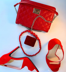 All red on a white background.A set of red women's accessories.