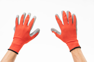 Man hand with red anti slip glove