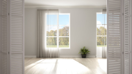 Fototapeta premium White folding door opening on modern stylish empty room with panoramic windows, white interior design, architect designer concept, blur background