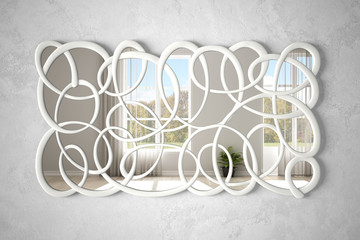 Modern twisted shape mirror hanging on the wall reflecting interior design scene, stylish room with panoramic windows, minimalist white architecture, architect designer concept