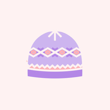 Flat style icon of winter hat with geometric pattern. Vector illustration in pastel colors. Isolated design element.
