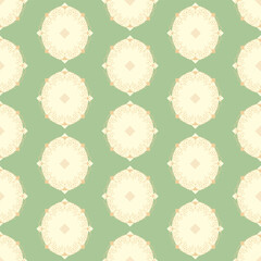Vector Vintage Water Lily Cameo on Green seamless pattern background.