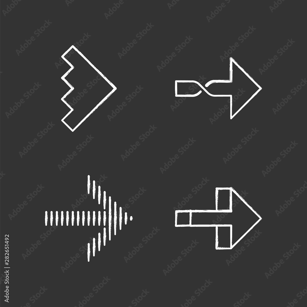 Poster rightward arrows chalk icons set. twisted, notched, striped next, forward arrows. navigation pointer