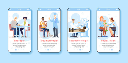 Medicine and healthcare service onboarding mobile app screen template. Therapist, traumatologist, pediatrician. Walkthrough website steps with flat characters. UX, UI, GUI smartphone cartoon interface