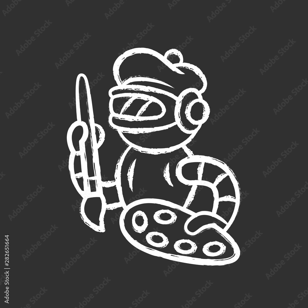 Poster art bot chalk icon. robot, cyborg with brush and palette. virtual assistance. artificial intelligenc
