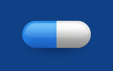 Drugs sign, pharmacy symbol in realistic style on blue background. Icon sign of pill on white in vector.