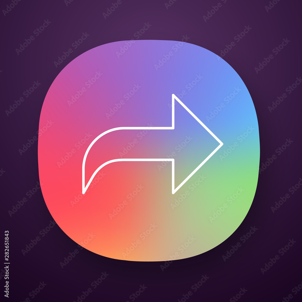 Poster right curved arrow app icon. direction sign, forward curve. bend arrow. motion pointer, indicator. n