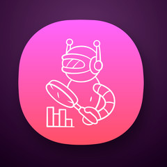 Monitoring bot app icon. Monitor websites uptime. Machine learning. Artificial intelligence. Robot with magnifying glass. UI/UX user interface. Web or mobile application. Vector isolated illustration