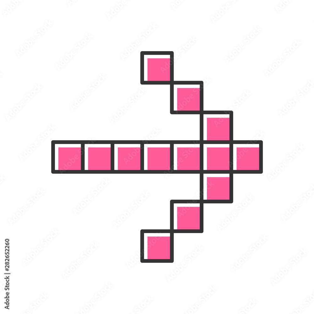 Poster pixel pink arrow color icon. forward indicator, right marker. indicating sign, pointer button. pixel