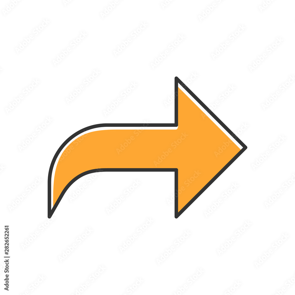 Poster right orange curved arrow color icon. direction sign, forward curve. bend arrow. motion pointer. nav