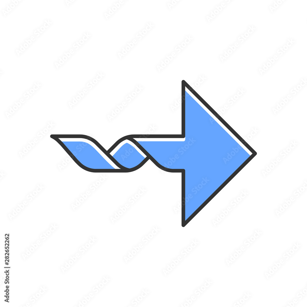Poster twisted blue arrow color icon. navigation pointer sign. direction move. spiral line. pointing cursor