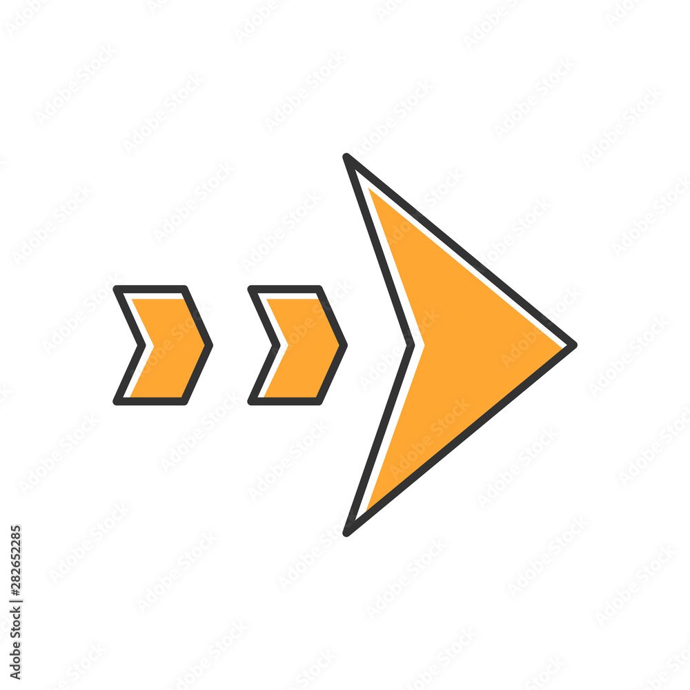Poster dashed orange arrow color icon. arrowhead showing right shift and direction. rightward arrow. naviga