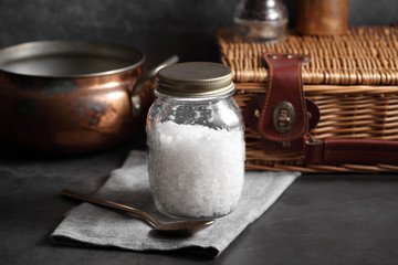 France sea salt in glass bottle on kitchen rustic style
