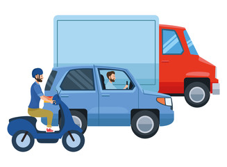 Vehicles and motorcycle with drivers riding