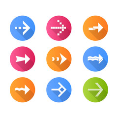 Arrows flat design long shadow glyph icons set. Wavy, pixel, folding, dashed next arrows. Navigation pointer, indicator sign. Arrowheads pointing to right direction. Vector silhouette illustration
