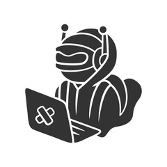 Hacker bot glyph icon. Virus robot. Cyber pirate attack, crime, cybercrime. Computer virus. Malicious software, AI. Hacking computer. Silhouette symbol. Negative space. Vector isolated illustration