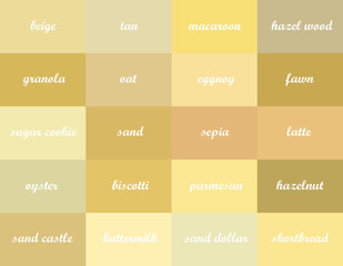 Colored background. Twenty shades of the primary color. Beige. With the names.