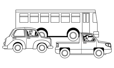 People driving vehicles in the traffic in black and white