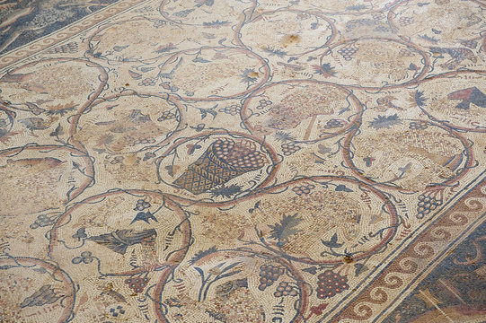 Fragment of the ancient Roman floor mosaic at the ruins of the Saint Stevens Church at an archeological site in Umm ar-Rasas, Jordan. UNESCO World heritage site