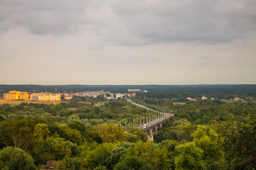 Panorama of the valley with a car bridge over the river Klyazma summer day in Vladimir Russia