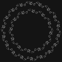 Round frame of two wreaths of berries on dark background. Vector drawing in linear style, white contour. For cards, invitations, advertising.