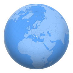 Albania on the globe. Earth centered at the location of the Republic of Albania. Map of Albania. Includes layer with capital cities.