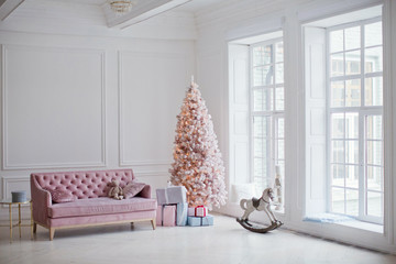 pink sofa and pink Christmas tree