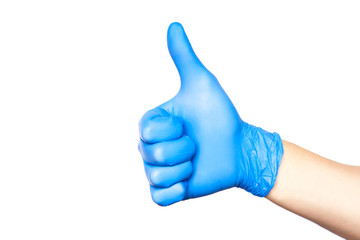 Hand in blue glove isolated on white with thumb up