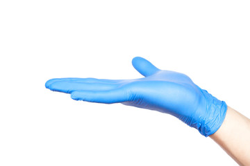 Doctor hand in blue gloves in holding position isolated on white