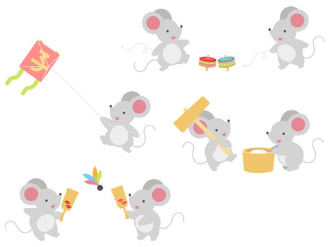 お正月遊びをするネズミのイラストセット 凧揚げ こま回し 羽根つき もちつき Stock Vector Adobe Stock