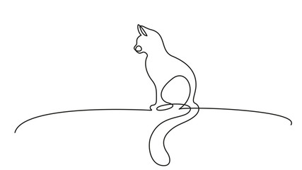 One line drawing. Cat sitting with curled tail © Valenty