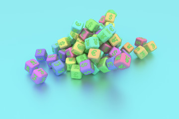 Illustrations of bunch of currency & number character, sign or symbol for graphic design or wallpapers. 3D render.