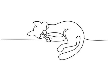 One line drawing. Cat sitting with curled tail