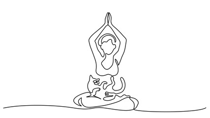One line drawing. Woman doing yoga with cat