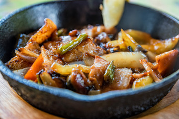 Close up delicious freshly cooked seafood stew with vegetables
